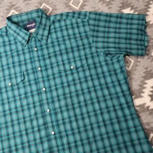 Wrangler Mens Teal Black Plaid Pearl Snap Western Shirt Short Sleeve XL